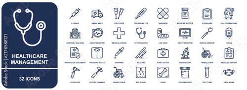 Set of 32 healthcare management icons, featuring medical equipment, diagnostic tools, and hospital supplies in dark blue line style