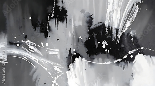 Abstract monochrome paint splatters and strokes with dynamic textures against a dark background