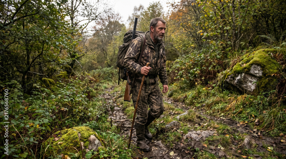 Fototapeta premium Hunter walking in wild forest with rifle and camouflage gear during autumn season. Concept of hunting, camouflage jacket, hunting rifle, forest path, adult man, outdoor adventure.