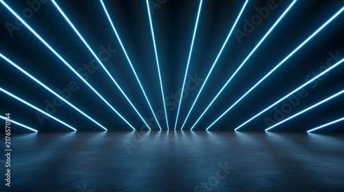 Bright blue neon lights create stunning technology inspired backdrop with dynamic lines
