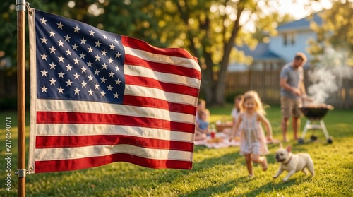 American flag waving in the foreground with a happy family having a backyard barbecue in the blurred background