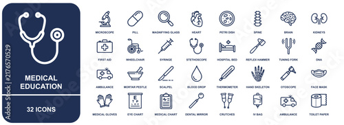 Medical education icon sheet featuring 32 linear healthcare symbols, including stethoscope, anatomy, and diagnostic equipment