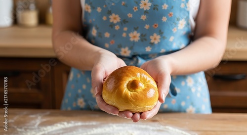 Woman's hand in an apron holding a glossy brioche roll, flour flecks on fingertips