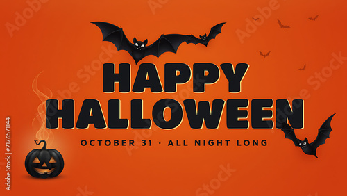 Happy Halloween banner featuring black text with yellow outline, smoking black pumpkin, and flying bats on orange background, created with generative ai.
