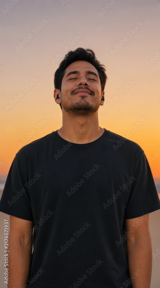 Fototapeta premium Young Latino Man Enjoying Music with Wireless Earbuds Outdoors at Sunset