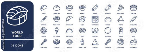Food icon sheet featuring 32 linear outline of international dishes, snacks, and culinary specialties