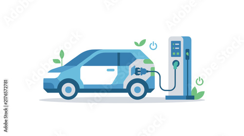 Electric Car Charging: A sleek, blue electric car is connected to a charging station, illustrating sustainable transportation and environmental consciousness with green leaves and power symbols.