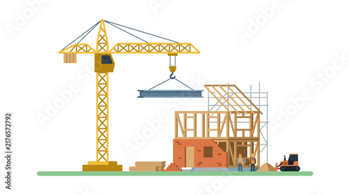 Construction Site Progress: A crane lifts a steel beam at a busy construction site where a house is being built, with building materials and a small excavator nearby.