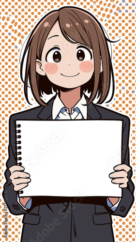 メッセージを書き込める空白のノートを持つ女性のイラスト
