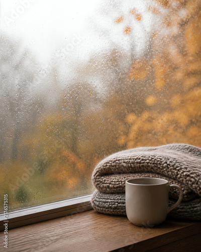 Cozy autumn window seat with rain and warm blanket