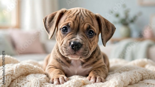 Tiny Three Month Old American Staffordshire Terrier Puppy Resting on Soft Knitted Blanket for Domestic Pet Lifestyle and Comfort Concept