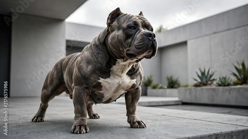 Stocky Muscular American Staffordshire Terrier Dog Standing in Modern Architectural Courtyard for Canine Strength and Training Concept