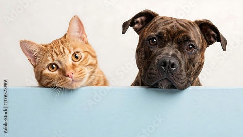 Vertical Composition Featuring Ginger Cat and Brindle American Staffordshire Terrier Peeking Over Blue Table for Pet Friendship and Social Media Marketing Content