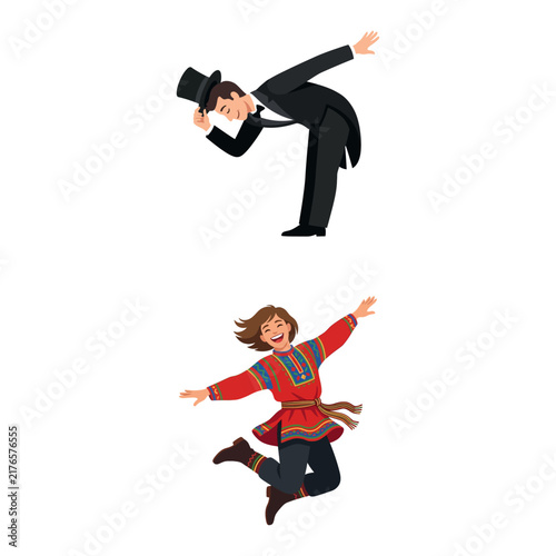Obraz na płótnie Vector illustrations of a man bowing politely in a tuxedo and a child dancing jo