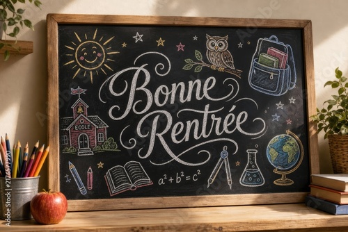 Black school chalkboard featuring hand drawn white chalk lettering bonne rentree with educational sketches for students returning to autumn academic sessions.