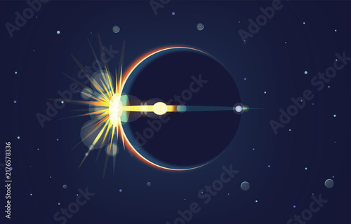 Solar Eclipse Vector Background with Glowing Sunburst and Planet Silhouette