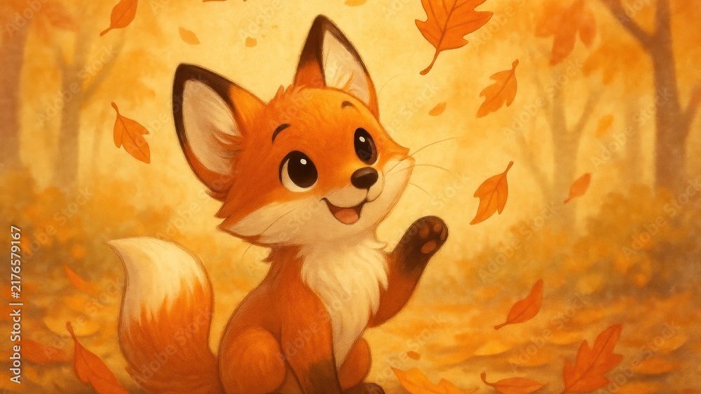 Obraz premium Adorable fox enjoying autumn leaves desktop wallpaper