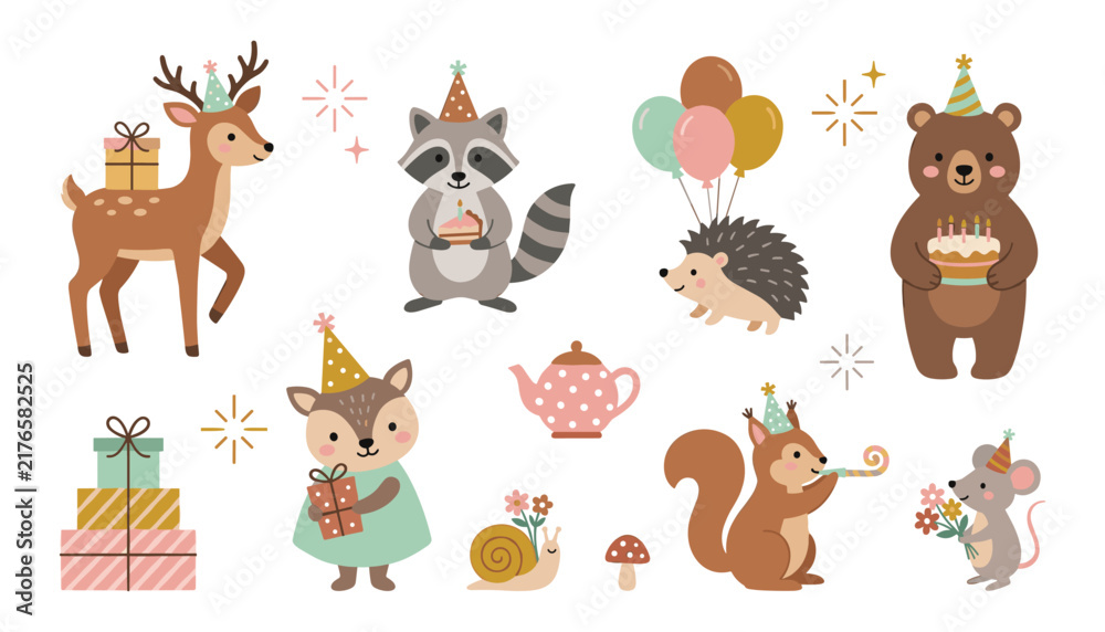 Obraz premium Cute Forest Woodland Animals Birthday Party Character Vector Sticker Set with Cake Balloons Gift Boxes and Sparkles for Kids Celebration Designs