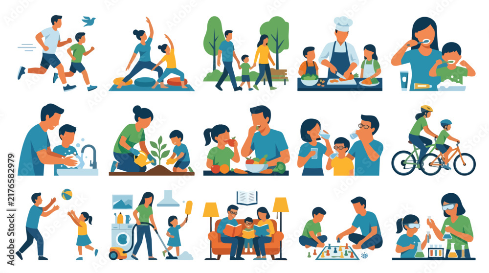 Fototapeta premium Healthy family lifestyle and daily routine activities in a modern flat vector illustration set for wellness app branding