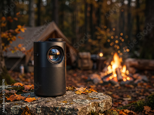 portable projector stands on stone near campfire tent in autumn forest watching movies in nature during camping modern device for outdoor leisure