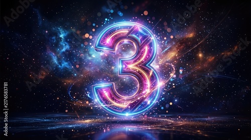 Neon Digital Number Three Concept on Cosmic Background
