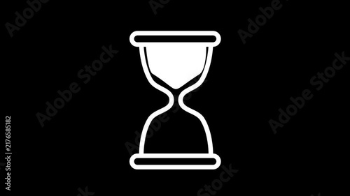 Animated white outline of an hourglass on a black background, depicting time passing with falling sand.