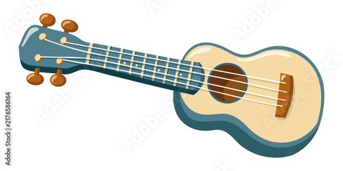 Acoustic ukulele with cream body, blue neck and four strings. Cartoon vector illustration on white background. 