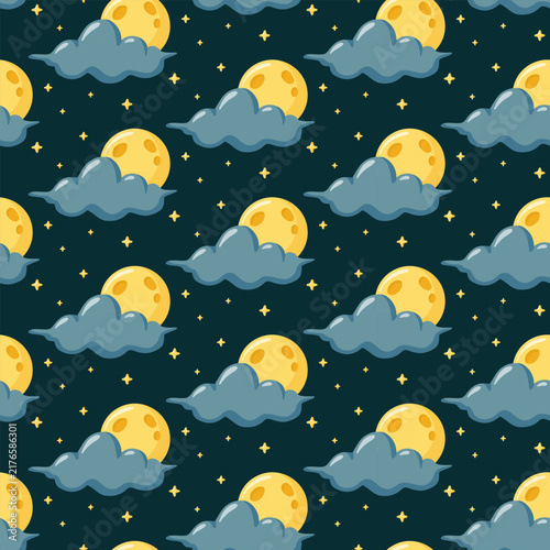 Seamless pattern with full moons, blue clouds and stars on dark teal background. Dreamy night sky print. 