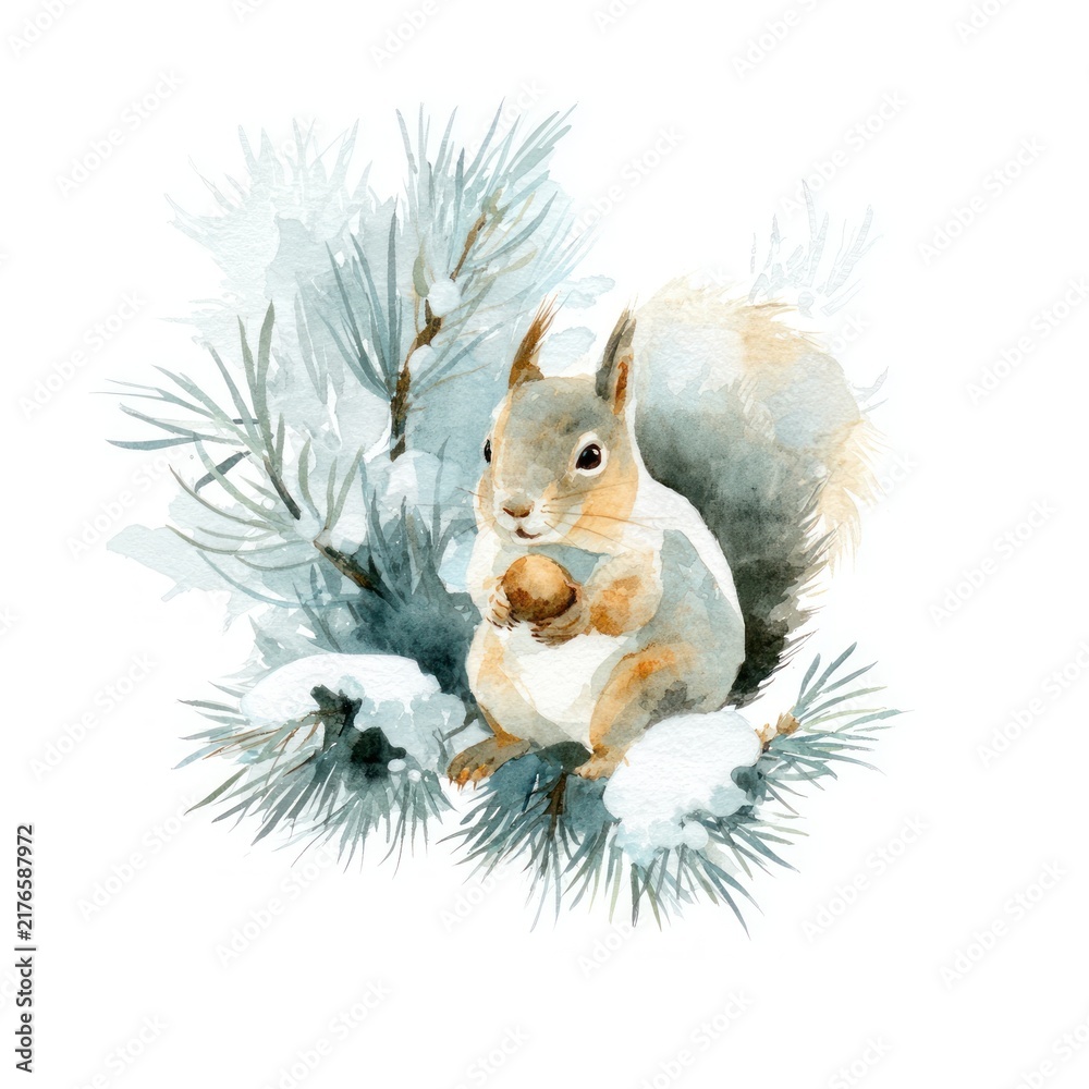 Naklejka premium Watercolor squirrel with pinecones.