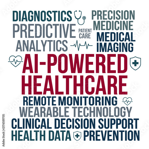 AI powered healthcare word cloud with medical technology terms  