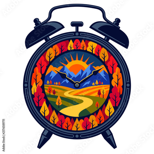 Alarm clock with autumn landscape and sunrise illustration  