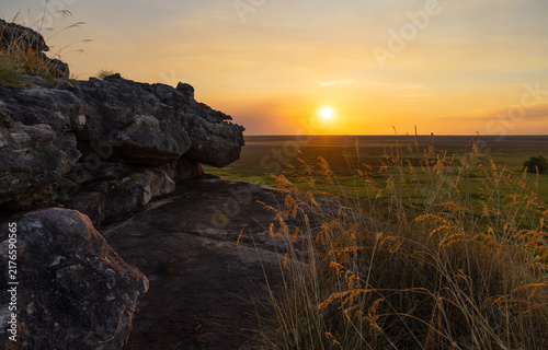 Stunning sunset due to smoke from bushfires at Ubirr and view over the Nadab floodplain, in Kakadu National Park, Australia 