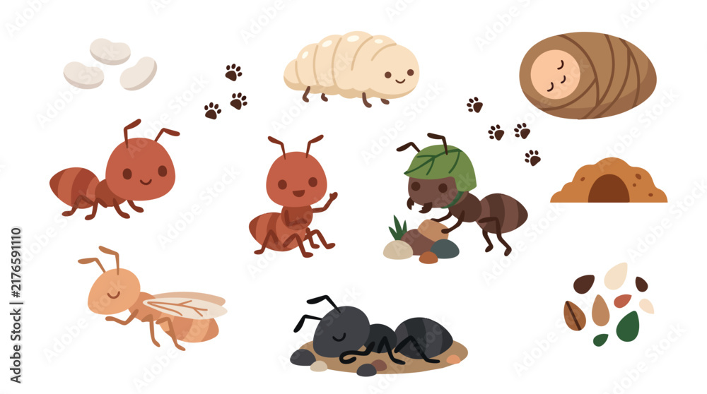 Obraz premium Ant life cycle stages and social insect characters in cute kawaii flat vector for primary science education