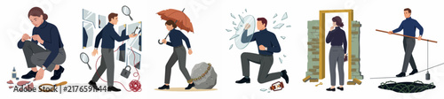 Bild auf Leinwand Set of flat vector illustrations depicting various common superstitions and bad luck omens featuring people in stressful and unlucky situations