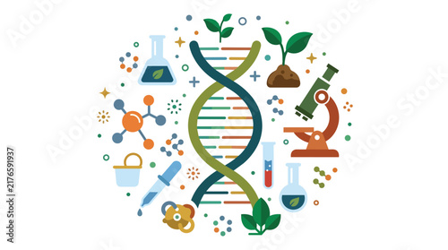 Life sciences and genomic research icons with a central dna helix in a modern flat vector for bioengineering and molecular biology academic branding