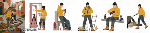 Set of illustrations showing a photographer exploring and taking photos in abandoned urban locations, featuring various poses and equipment for urban exploration.