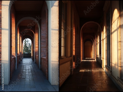 Sunlit Archways - A Tale of Two Corridors in Warm Light.