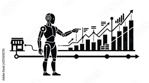 Robotic android analyzing growing financial business bar chart graphs using advanced digital technology in black white