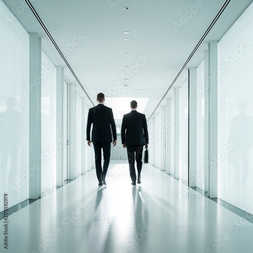Two businessmen walking down a bright office hallway.