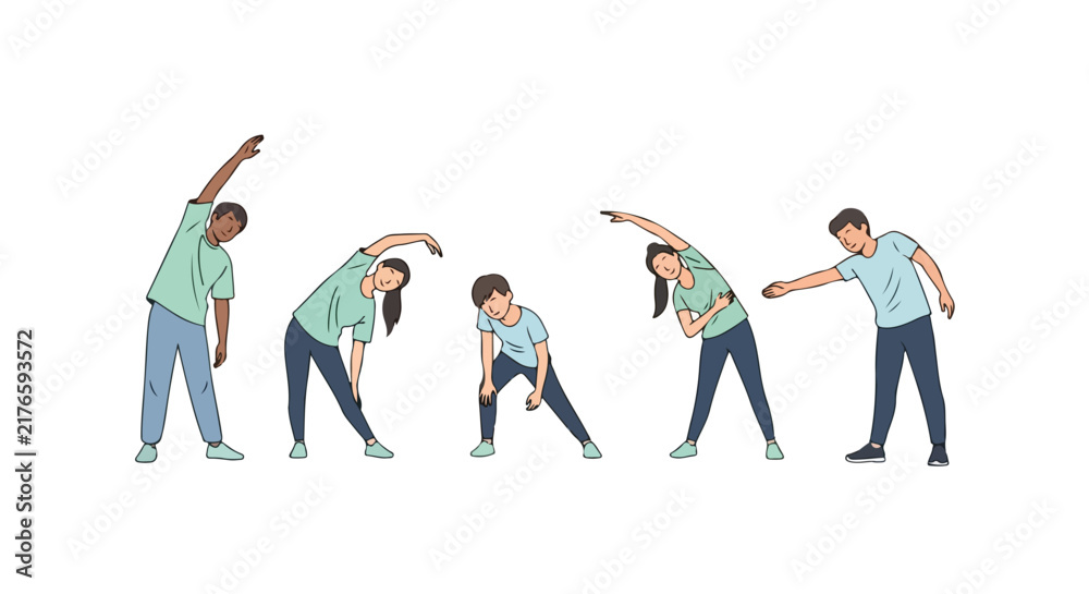 Obraz premium A set of five diverse young people in casual activewear performing different stretching exercises in a line against a white background.