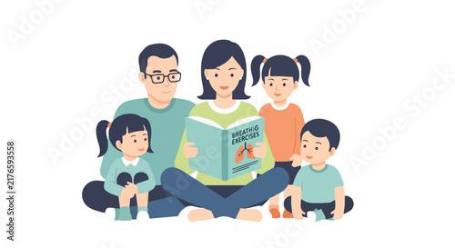 A vector illustration of a happy family with three children sitting together while the mother reads a book on breathing exercises.