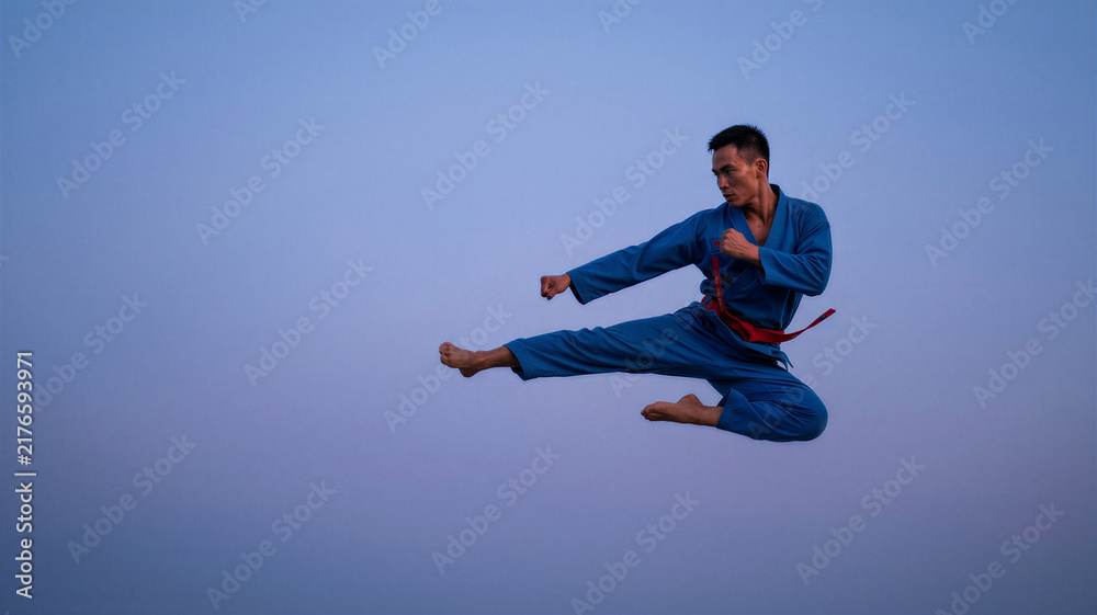 Obraz premium Martial artist performing a high kick during sunset in an open area