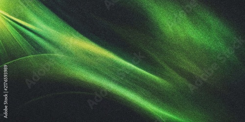 Abstract green light streaks and glowing particles on a dark textured background.