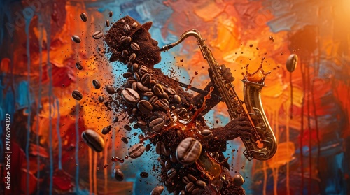 Jazz Musician Playing Saxophone Made Of Splashing Coffee And Beans