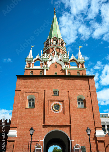 Photography Troitskaya Tower of Moscow Kremlin against blue sky, Russia