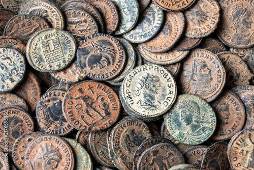 Фотография Close-up of collection of ancient Roman bronze coins