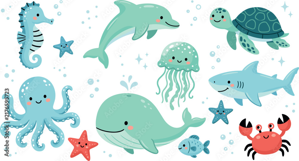 Naklejka premium Cute sea animals set with happy smiling marine creatures including whale dolphin shark octopus and sea turtle, adorable underwater life cartoon clip art vector illustration