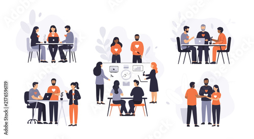 Vector illustration of diverse volunteers collaborating, presenting, and supporting each other in various office scenes.