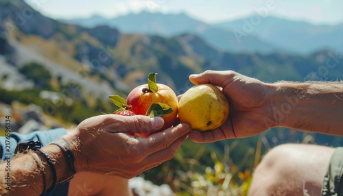 Hands sharing fresh fruit during a mountain hike on a sunny day