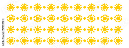 Set of borders with childish sun silhouettes. Dividers with cute sunburst, sunrise or sunset signs. Summer theme design elements. Happy positive vibes concept. Vector flat illustration.